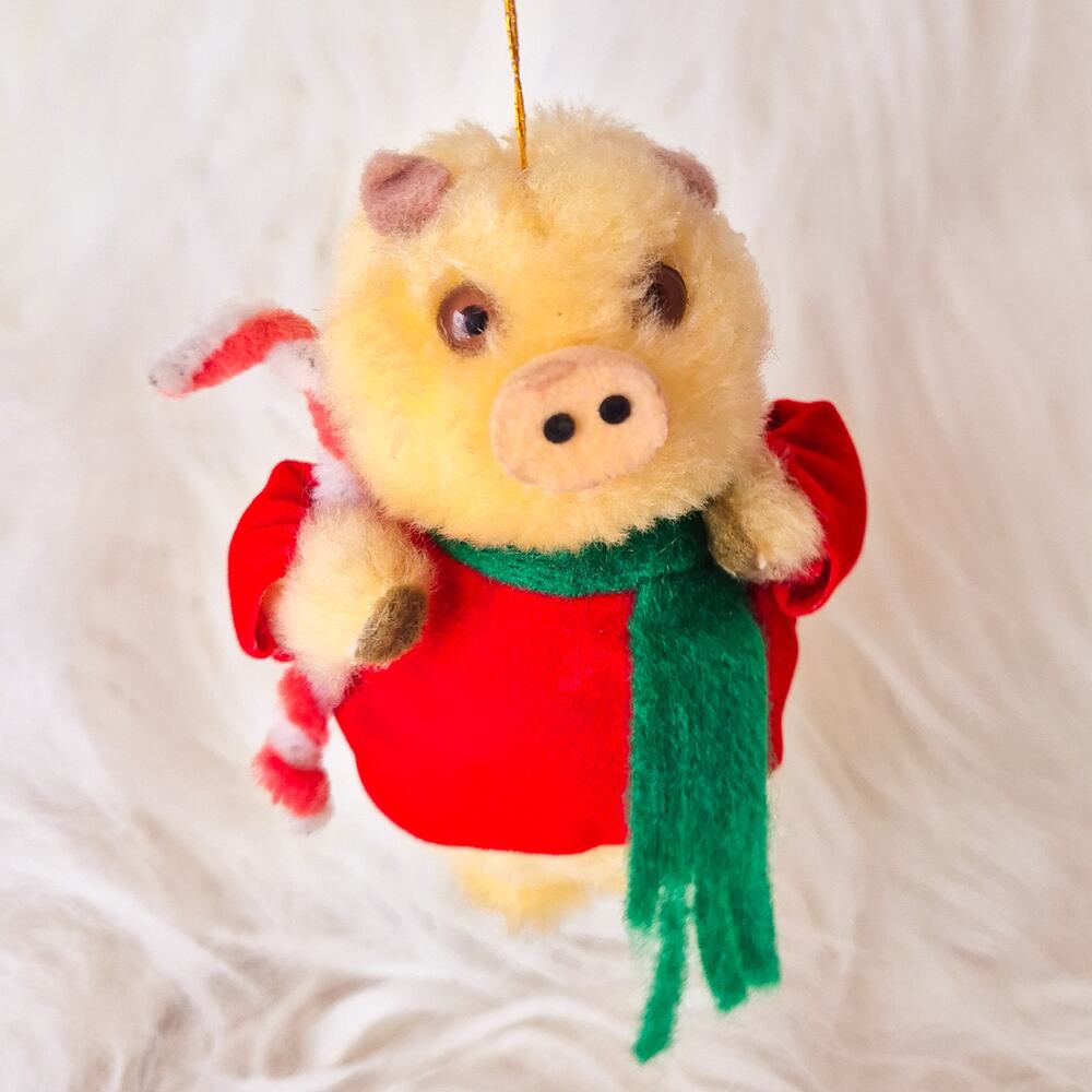 Vintage 1950s 60s Kitsch Christmas Pig Ornament Felt Chenille Candy Cane